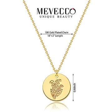 MEVECCO Birth Flower Necklace 18k Gold Engraved Custom Floral Pendant Necklaces Dainty Birth Month Flower Disc Lily of the valley Flower Disk Necklace Personalized Jewelry Birthday Gift for Her