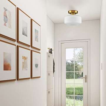 JEENKAE Modern Farmhouse Semi Flush Mount Ceiling Light Gold Hallway Light Fixture Ceiling Hung Opal Milk Glass Shade
