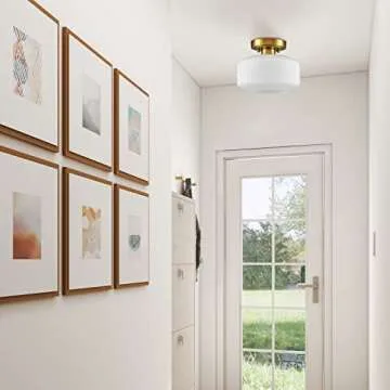 JEENKAE Modern Farmhouse Semi Flush Mount Ceiling Light Gold Hallway Light Fixture Ceiling Hung Opal Milk Glass Shade