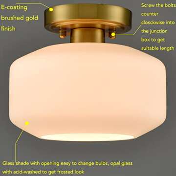 JEENKAE Modern Farmhouse Semi Flush Mount Ceiling Light Gold Hallway Light Fixture Ceiling Hung Opal Milk Glass Shade