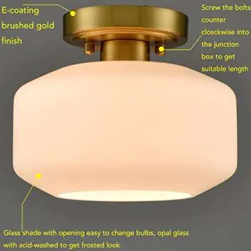JEENKAE Modern Farmhouse Semi Flush Mount Ceiling Light Gold Hallway Light Fixture Ceiling Hung Opal Milk Glass Shade