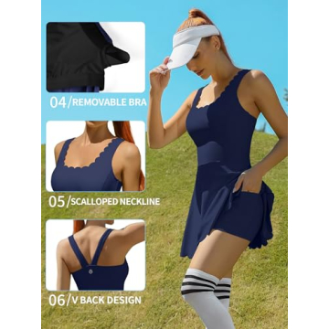 ATTRACO Women's Workout Dress Tennis Skirts with Shorts Pockets Golf Dress Pockets Navy L