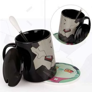 Anime -Themed Coffee Mug for Fans of Cyberpunk-Inspired: 4 Ceramic Cups Set with Lids, Spoons & Char...
