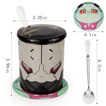 Anime -Themed Coffee Mug for Fans of Cyberpunk-Inspired: 4 Ceramic Cups Set with Lids, Spoons & Character Coasters - Futuristic Design Gamers Gift