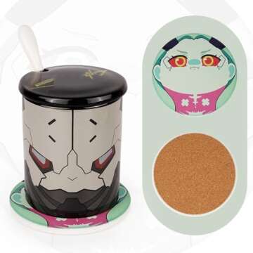 Anime -Themed Coffee Mug for Fans of Cyberpunk-Inspired: 4 Ceramic Cups Set with Lids, Spoons & Character Coasters - Futuristic Design Gamers Gift