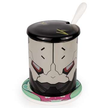 Anime -Themed Coffee Mug for Fans of Cyberpunk-Inspired: 4 Ceramic Cups Set with Lids, Spoons & Character Coasters - Futuristic Design Gamers Gift