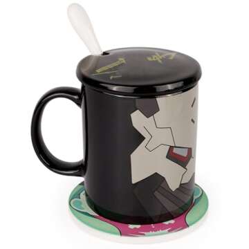 Anime -Themed Coffee Mug for Fans of Cyberpunk-Inspired: 4 Ceramic Cups Set with Lids, Spoons & Character Coasters - Futuristic Design Gamers Gift