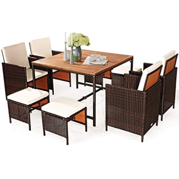 Tangkula 9 Pieces Acacia Wood Patio Dining Set, Space Saving Wicker Chairs and Wood Table with Umbre...