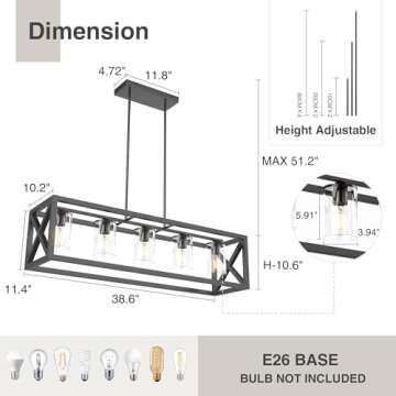 Espird Farmhouse Dining Room Light Fixture - 5 Light Matte Black Rectangle Light Fixture with Adjust...