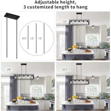 Espird Farmhouse Dining Room Light Fixture - 5 Light Matte Black Rectangle Light Fixture with Adjustable Height & Thickened Metal Dining Table Light Fixture Chandeliers for Dining Room&Kitchen Island