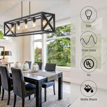Espird Farmhouse Dining Room Light Fixture - 5 Light Matte Black Rectangle Light Fixture with Adjustable Height & Thickened Metal Dining Table Light Fixture Chandeliers for Dining Room&Kitchen Island