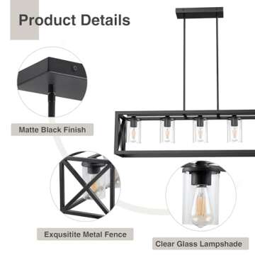 Espird Farmhouse Dining Room Light Fixture - 5 Light Matte Black Rectangle Light Fixture with Adjustable Height & Thickened Metal Dining Table Light Fixture Chandeliers for Dining Room&Kitchen Island