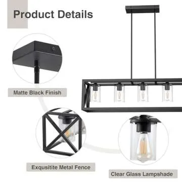 Espird Farmhouse Dining Room Light Fixture - 5 Light Matte Black Rectangle Light Fixture with Adjustable Height & Thickened Metal Dining Table Light Fixture Chandeliers for Dining Room&Kitchen Island