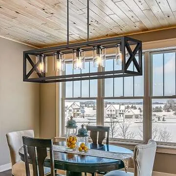 Espird Farmhouse Dining Room Light Fixture - 5 Light Matte Black Rectangle Light Fixture with Adjustable Height & Thickened Metal Dining Table Light Fixture Chandeliers for Dining Room&Kitchen Island