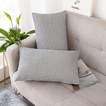 Throw Pillow Covers 12x20 - Decorative Pillows for Couch Set of 2 Rustic Linen Striped Cushion Cover...