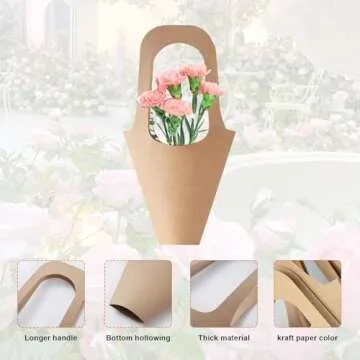 Merkaunis 50 Pcs Flower Bouquet Bags with Handle, Kraft Paper Flowers Gift Bags, Paper Brown Creative Cone Flower Sleeves, Hanging Kraft Paper Bouquet for Flower Arrangement and Home Decoration