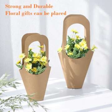 Merkaunis 50 Pcs Flower Bouquet Bags with Handle, Kraft Paper Flowers Gift Bags, Paper Brown Creative Cone Flower Sleeves, Hanging Kraft Paper Bouquet for Flower Arrangement and Home Decoration