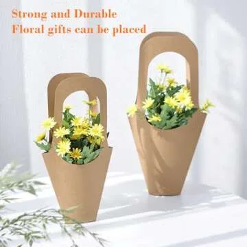Merkaunis 50 Pcs Flower Bouquet Bags with Handle, Kraft Paper Flowers Gift Bags, Paper Brown Creative Cone Flower Sleeves, Hanging Kraft Paper Bouquet for Flower Arrangement and Home Decoration