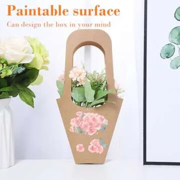 Merkaunis 50 Pcs Flower Bouquet Bags with Handle, Kraft Paper Flowers Gift Bags, Paper Brown Creative Cone Flower Sleeves, Hanging Kraft Paper Bouquet for Flower Arrangement and Home Decoration