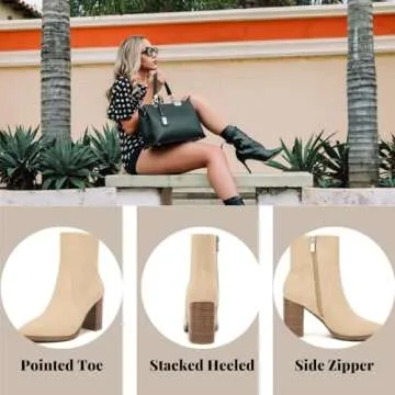 LAICIGO Women's Pointed Toe Chunky Heel Ankle Boots