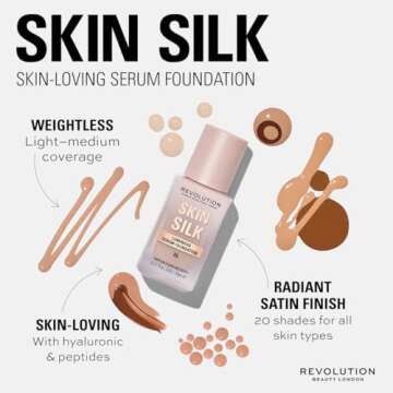 Revolution Beauty, Skin Silk Serum Foundation, Light to Medium Coverage, Lightweight & Radiant Finish, Contains Hyaluronic Acid, F10.5 Medium Skin Tones, 0.77 Fl. Oz.