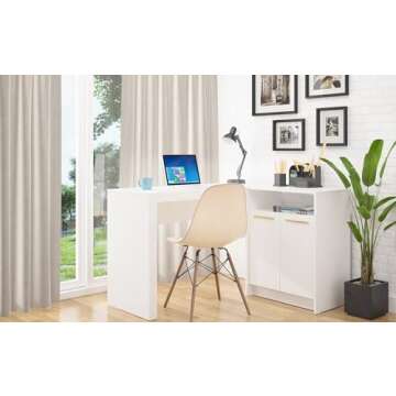 Manhattan Comfort Kalmar L Shaped Office Desk with Inclusive Cabinet, 2 Concealed Shelves, Work, Wri...