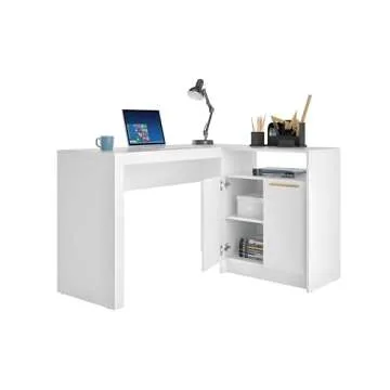 Manhattan Comfort Kalmar L Shaped Office Desk with Inclusive Cabinet, 2 Concealed Shelves, Work, Writing & Study Table, Mid Century Modern Design with Unique Wooden Bar Handle, White