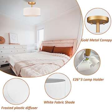 AXILAND Modern Light Fixture Ceiling Mount Flush Mount Drum Ceiling Light Fixture 3 Light Gold Semi ...