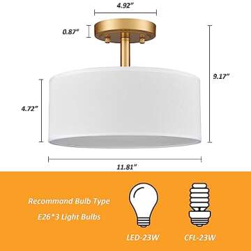 AXILAND Modern Light Fixture Ceiling Mount Flush Mount Drum Ceiling Light Fixture 3 Light Gold Semi Flush Mount Ceiling Light for Hallway Bedroom Entryway Foyer Office