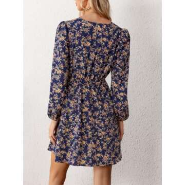 CUPSHE Women's V Neck Ditsy Floral Mini Dress Long Sleeve A Line Dress Surplice Short Dress Multicoloured