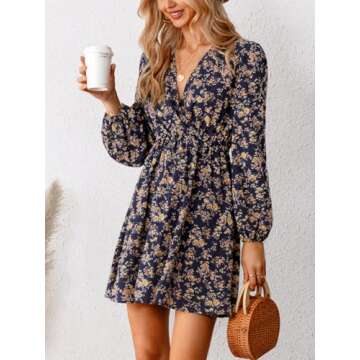 CUPSHE Women's V Neck Ditsy Floral Mini Dress Long Sleeve A Line Dress Surplice Short Dress Multicoloured