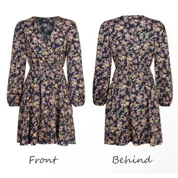 CUPSHE Women's V Neck Ditsy Floral Mini Dress Long Sleeve A Line Dress Surplice Short Dress Multicoloured