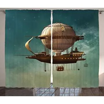 Ambesonne Fantasy Curtains, Surreal Sky Scenery Steampunk Airship Sci Fi Stardust Space Image, Livin...