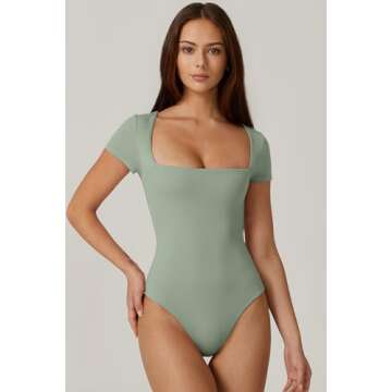 QINSEN Women's Square Neck Bodysuit Sexy Curved Shoulders Short Sleeve Slimming Tops Smoke Green XS