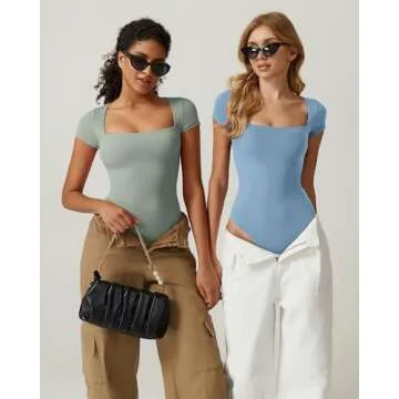 QINSEN Women's Square Neck Bodysuit Sexy Curved Shoulders Short Sleeve Slimming Tops Smoke Green XS