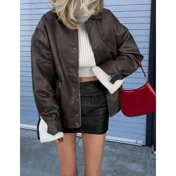 PRETTYGARDEN Women's Faux Leather Motorcycle Jacket Trendy Fall Spring Clothes Oversized Zip Up Winter Coat Outerwear (Grey,Medium)