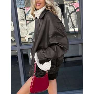 PRETTYGARDEN Women's Faux Leather Motorcycle Jacket Trendy Fall Spring Clothes Oversized Zip Up Winter Coat Outerwear (Grey,Medium)