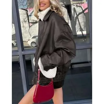 PRETTYGARDEN Women's Faux Leather Motorcycle Jacket Trendy Fall Spring Clothes Oversized Zip Up Winter Coat Outerwear (Grey,Medium)