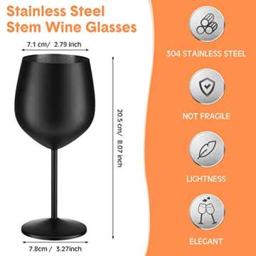 Zopeal 8 Set Stainless Steel Wine Glasses 18 oz Stainless Steel Stem Wine Glasses Unbreakable Black ...