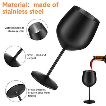 Zopeal 8 Set Stainless Steel Wine Glasses 18 oz Stainless Steel Stem Wine Glasses Unbreakable Black Metal Wine Goblets Metal Wine Cups for Indoor Outdoor Pool Wedding Anniversary Holiday Party