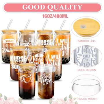 Maxcheck 27 Pcs Nursing Appreciation Gift Set Christmas Nurse week Gift 9 Pcs 16oz Nurse Glass Cups with Lid Straw 9 Rainbow Makeup Bag 9 Keychain for RN Student Graduation Supplies(Nurse)