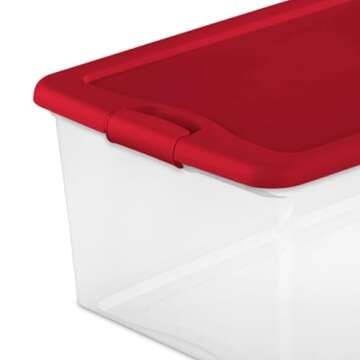 Sterilite 106 Quart Holiday Home Decor Stackable Organizer Storage Bin Clear Plastic Container Tote with Red Latching Lid, 4 Pack