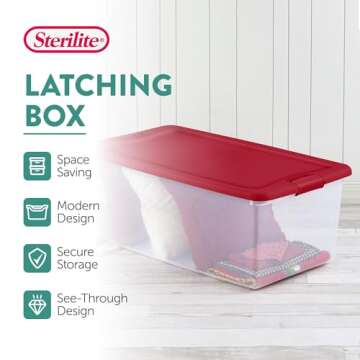Sterilite 106 Quart Holiday Home Decor Stackable Organizer Storage Bin Clear Plastic Container Tote with Red Latching Lid, 4 Pack