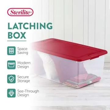 Sterilite 106 Quart Holiday Home Decor Stackable Organizer Storage Bin Clear Plastic Container Tote with Red Latching Lid, 4 Pack