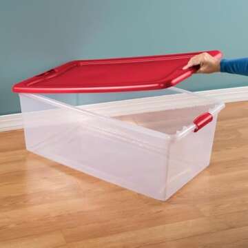 Sterilite 106 Quart Holiday Home Decor Stackable Organizer Storage Bin Clear Plastic Container Tote with Red Latching Lid, 4 Pack