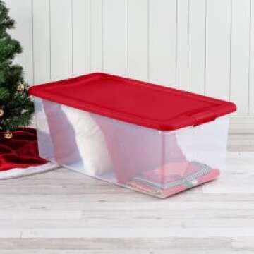 Sterilite 106 Quart Holiday Home Decor Stackable Organizer Storage Bin Clear Plastic Container Tote with Red Latching Lid, 4 Pack
