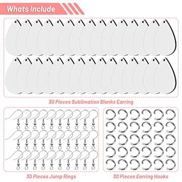 30 Pieces Sublimation Blank Earrings, Ocheyu Sublimation Printing Earrings Unfinished Teardrop Heat Transfer Earring Pendant with Earring Hooks and Jump Rings for Jewelry DIY Making