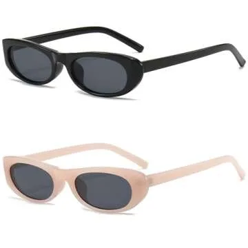 BRMHDY Elongated Narrow Cat Eye Sunglasses for Women 90s Retro Womens Oval Sunglasses Fashion Small Black Shades(Black/Grey+Beige/Grey)