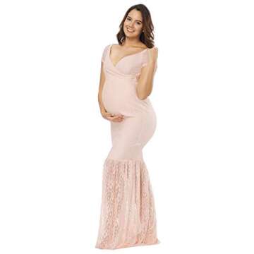 JustVH Women's Off Shoulder Short Sleeve V Neck Lace Maternity Gown Maxi Photography Dress Peach Pin...