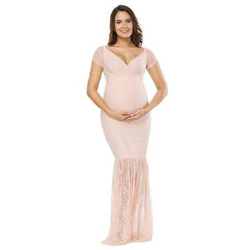 JustVH Women's Off Shoulder Short Sleeve V Neck Lace Maternity Gown Maxi Photography Dress Peach Pink